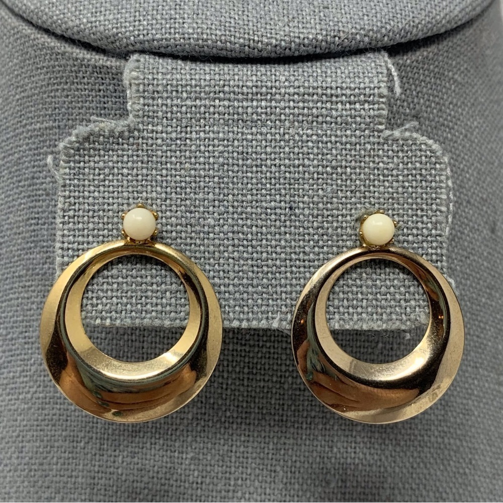 Vintage White Beaded Large Gold Tone Hoop Stud Earrings